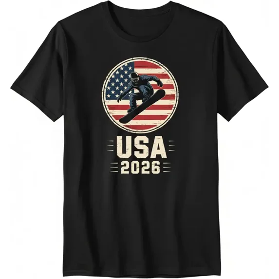 Retro USA 2026 Snowboarding Graphic T-Shirt Vintage American Flag Winter Sports Apparel Men Women Unisex Short Sleeve Tee