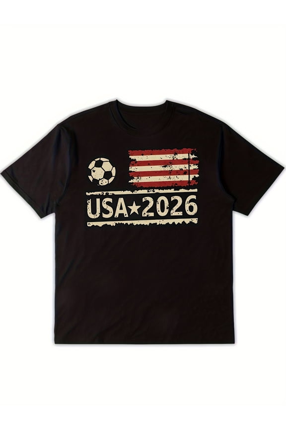 Retro USA 2026 Soccer Graphic Tee - Vintage Distressed American Flag Football Fan Men's Black Cotton T-Shirt - Patriotic Sports Apparel for Supporters