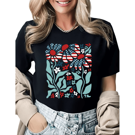 Retro USA 250 Aesthetic Folk Art Flower Graphic Tees Women's Casual Summer Tops