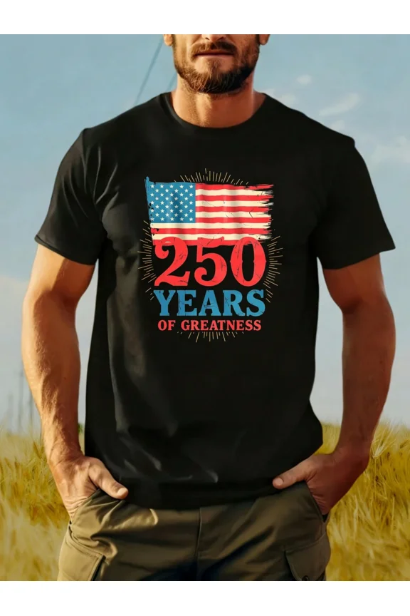 Retro USA 250 Years of Greatness Patriotic Men's T-Shirt Vintage American Flag Graphic Tee Semiquincentennial Celebration Apparel