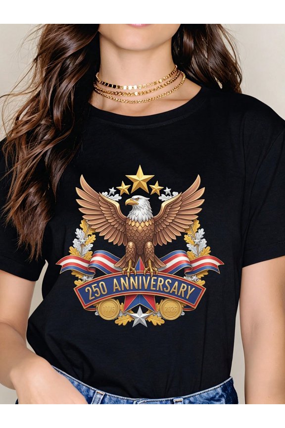 Retro USA 250th Anniversary American Eagle Graphic T-Shirt - Patriotic 1776-2026 Independence Day Commemorative Vintage Style Short Sleeve Top