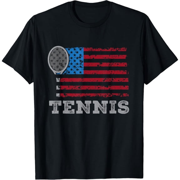 Retro USA American Flag Tennis Racket Patriotic Sports Graphic T-Shirt for Men and Women Vintage Distressed Athletic Apparel
