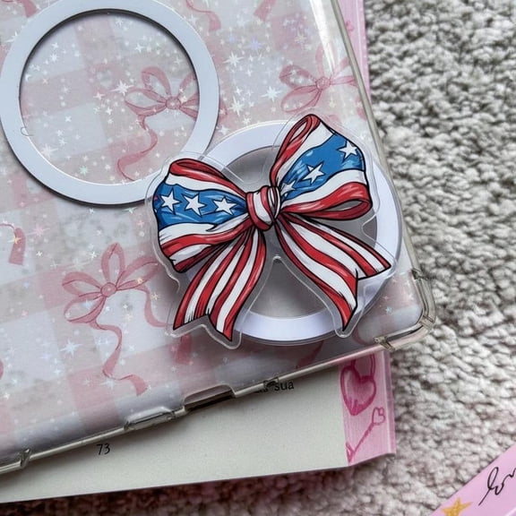 Retro USA Flag Bow Phone Grip for America 250 Anniversary, Patriotic Coquette Aesthetic Stand, Independence Day Ribbon Accessory, Red White Blue Gift for Teens, Aesthetic Smartphone Grip Holder