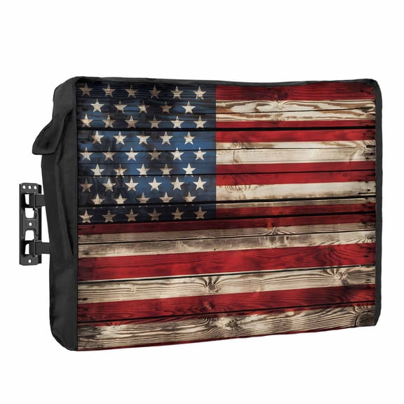 Retro USA Flag Outdoor TV Cover 60 to 65 inch Weatherproof Waterproof, Stars Stripes Wood Grain TV Enclosures with Remote Control Pocket Flat Screen Protector for Outside