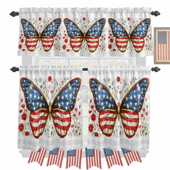 Retro USA Flag Red Blue Butterfly Kitchen Curtains Valances 3 Piece Set, Independence Day Rod Pocket Tier Curtain and Valance Drapes for Small Window 24 Inch Length for Bedroom Cafe