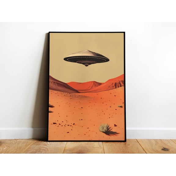Retro Ufo Poster Alien Wall Art Ufo Retro Print Hovering Ufo Flying Saucer Print Ufo Over The Desert Art 1950S Ufo Art Alien Aesthetic Art , Poster Only