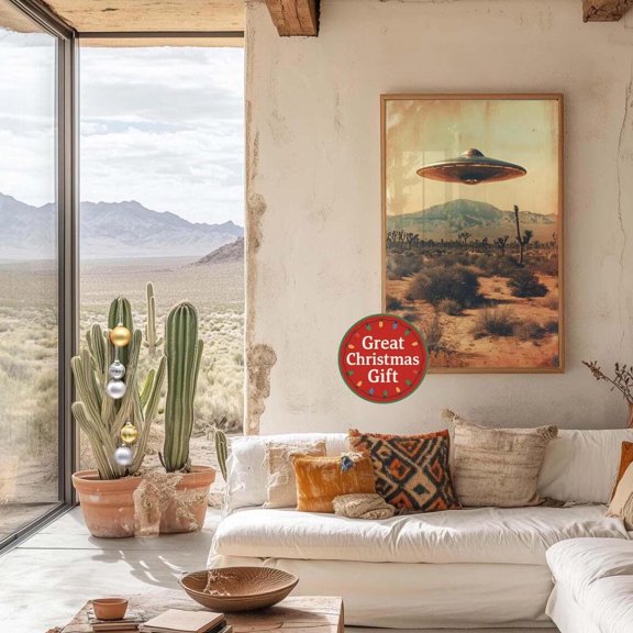 Retro Ufo Poster, Sci Fi Alien Wall Art, Space Cowboy Print, Vintage Desert Decor, Joshua Tree Artwork, Him Home Decor #2991, Unframed Canvas Size 8x12