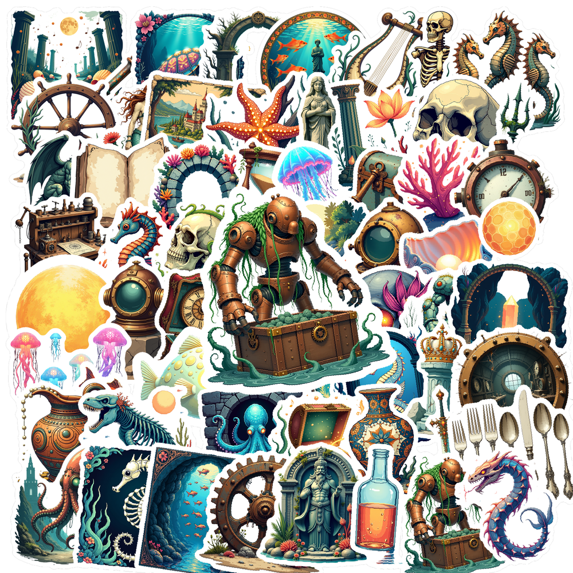 Retro Underwater Adventure Stickers, Waterproof Pirate Treasure Sticker for Water Bottle Laptop Phone Cases Planner Skateboard Luggage Helmet Party Favor Decor, Ideal for Adults Teens Teacher Rewards