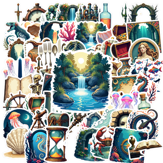 Retro Underwater Adventure Stickers, Waterproof Pirate Treasure Sticker for Water Bottle Laptop Phone Cases Planner Skateboard Luggage Helmet Party Favor Decor, Ideal for Adults Teens Teacher Rewards