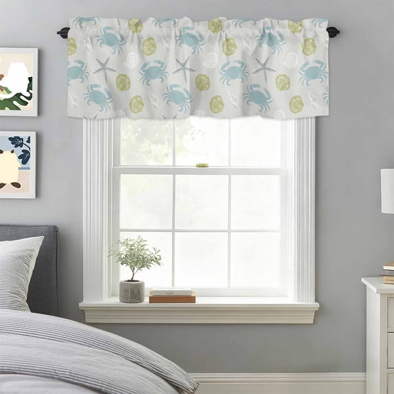Retro Underwater Blue Crab Green Seashell Valances for Windows,Kitchen Valance Rod Pocket Short Curtain, Ocean Starfish Valance Curtain Window Valances for Bedroom Bathroom Living Room 42x18in