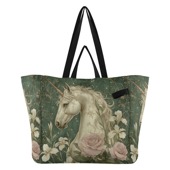 Retro Unicorn Canvas Tote Bag Large Capacity Reusable Tote with Double Handles, Foldable Heavy Duty Shopping Beach Laundry Bag, 32L