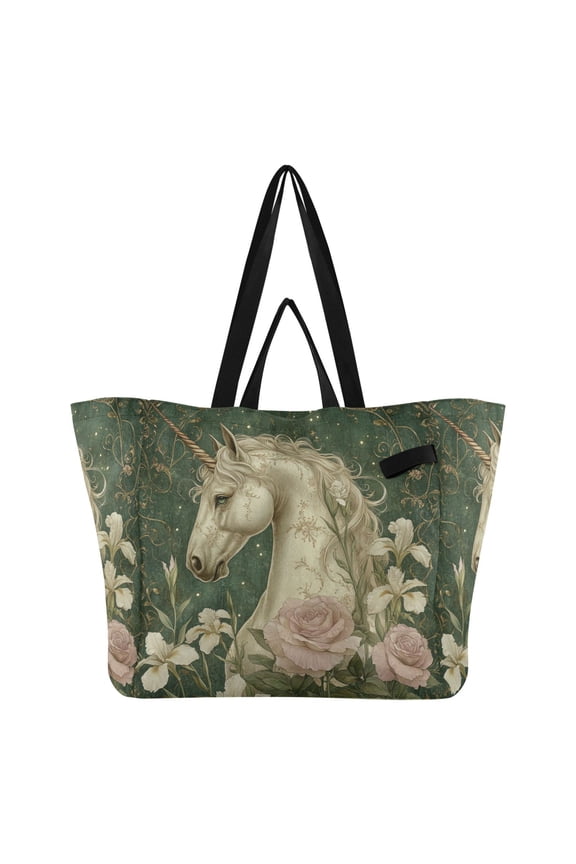 Retro Unicorn Canvas Tote Bag Large Capacity Reusable Tote with Double Handles, Foldable Heavy Duty Shopping Beach Laundry Bag, 32L