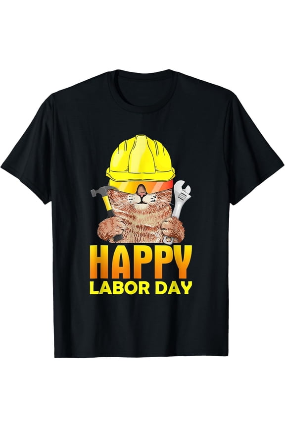 Retro Union Workers Mechanic Cat Happy Labor Day Patriotic T-Shirt