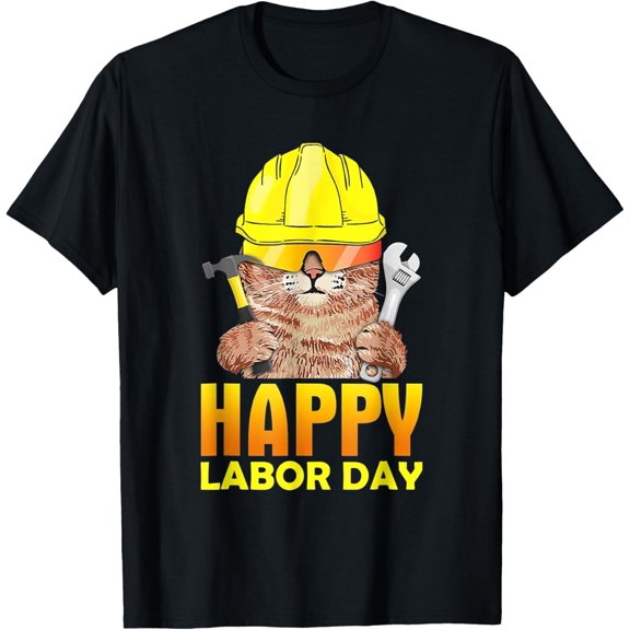 Retro Union Workers Mechanic Cat Happy Labor Day Patriotic T-Shirt