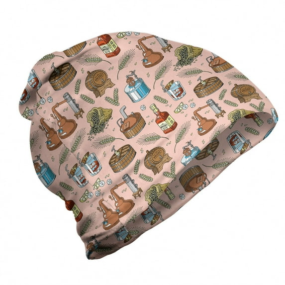 Retro Unisex Beanie, Whiskey Bourbon Theme Pattern, Hiking Outdoors, Blush Multicolor, by Ambesonne