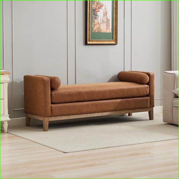 Retro Upholstered Bench 66.34W with Wood Legs & Pillows | for Bedroom, Living Room, Entryway | Walnut Brown | Polyurethane(PU)
