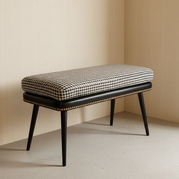 Retro Upholstered Entryway Bench, Leather & Fabric Shoe Bench with Removable Cushion, End of Bed Bench for Bedroom, Small Dining Bench for Living Room, Storage Bench for Hallway & Foyer