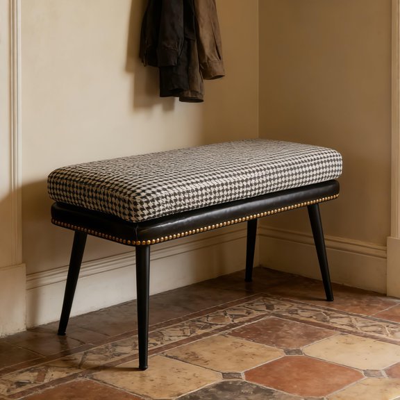 Retro Upholstered Entryway Bench With Houndstooth Pattern Cushion, Black