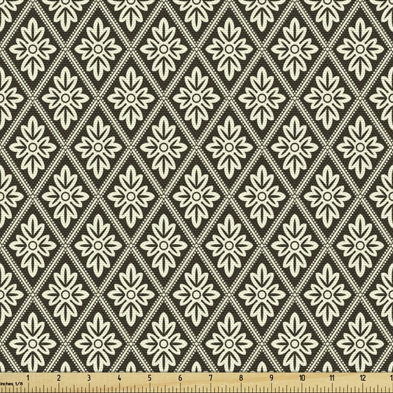 Retro Upholstery Fabric by the Yard, Geometric Diagonal Forms and Inner Flower Petals Earth Tones Nostalgic Print, Decorative Fabric for DIY and Home Accents, Dark Brown Cream by Ambesonne