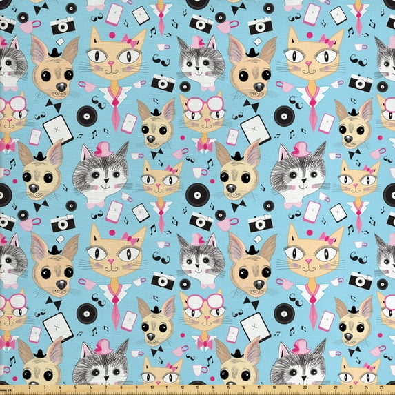 Ambesonne Retro Fabric by the Yard Upholstery, Hipster Animals Bow Tie, 10 Yards, Multicolor