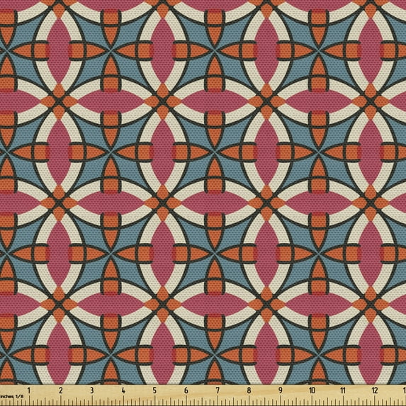Retro Upholstery Fabric by the Yard, Illustrated Pattern with Abstract Elements Circular and Square Motifs Mosaic Tiles, Decorative Fabric for DIY and Home Accents, 1 Yard, Multicolor by Ambesonne