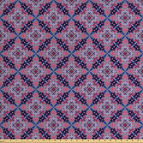 Ambesonne Retro Fabric by the Yard Upholstery, Ornate Rhombuses and Dots, 10 Yards, Multicolor