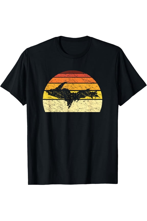Retro Upper Peninsula UP Map Yooper Pride Michigan Roots T-ShirtMen's and women's gift, black and white T-shirt, size: Extra large S-4XL
