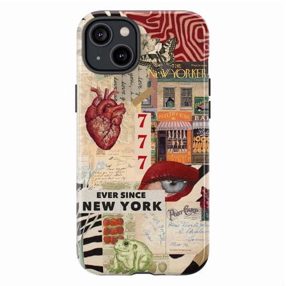 Retro Urban Collage Phone Case for iPhone 17 16 15 14 13 12 11 Pro Plus Mini, Heart 777 New Yorker Art Design Phone Cover