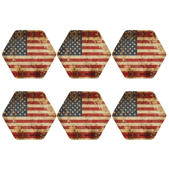 Retro Us America Flag Leather Drinks Coasters Suitable for Various Cups Set of 6 Hexagon