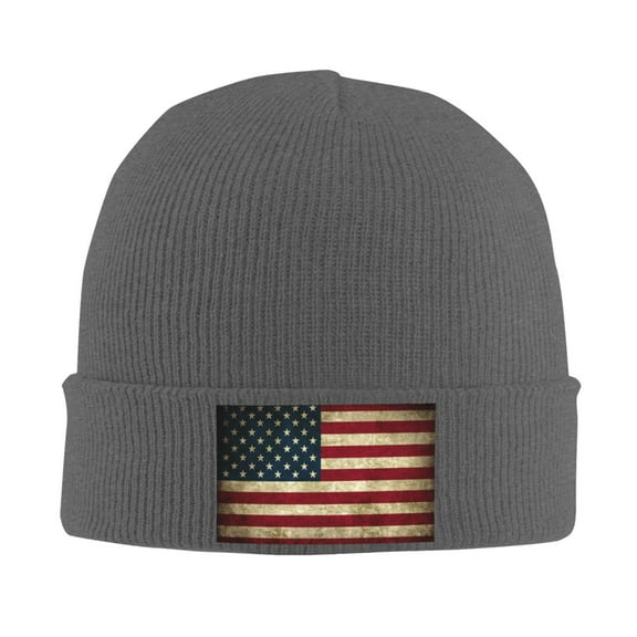 Retro Us America Flag Winter Beanie Hats for Men Women Warm Cozy Knitted Cuffed Skull Cap Deep Heather