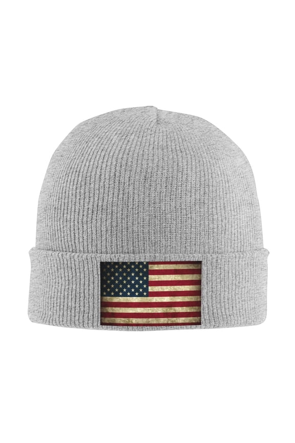 Retro Us America Flag Winter Beanie Hats for Men Women Warm Cozy Knitted Cuffed Skull Cap Gray