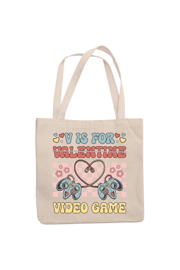 Retro V Is for Video Game with Gaming Controller, Valentine's Day Gamer Gift, 12oz Canvas Tote Bag