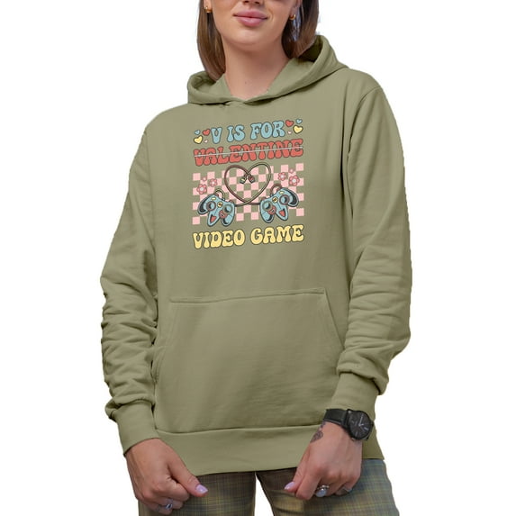 Retro V Is for Video Game with Gaming Controller, Valentine's Day Gamer Gift, Sand Hooded Sweatshirt or Hoodie, Large