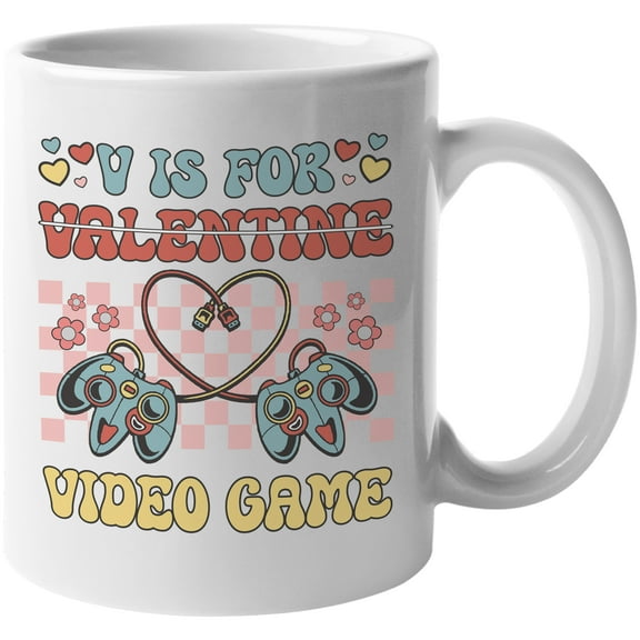 Retro V Is for Video Game with Gaming Controller, Valentine's Day Gamer Gift, White 11oz Ceramic Mug