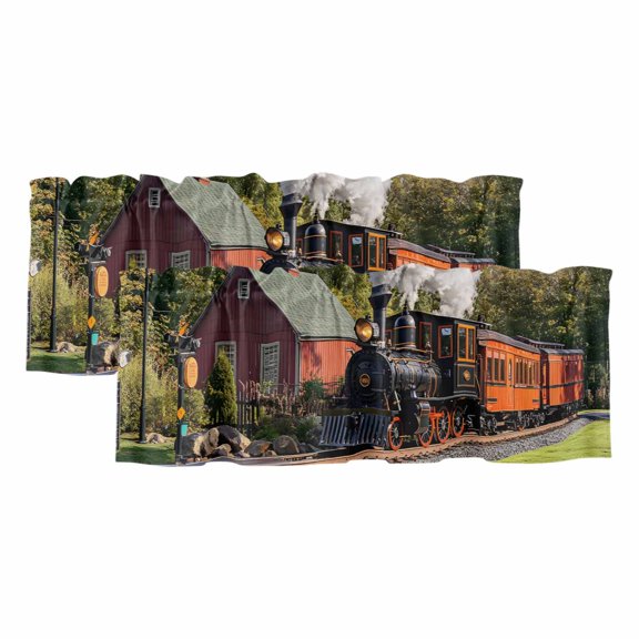 Retro Valances for Windows 2 Panels Train Motor Vehicle Building Sky Grass Country Scenery Rod Pocket Kitchen Curtain Valance Small Window Treatment for Living Room Bathroom Bedroom 42x12 Inch
