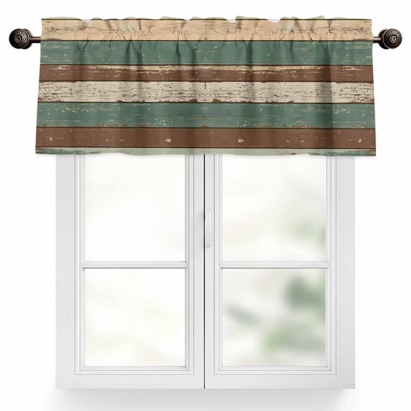 Retro Valances for Windows, 42 x 18in, Brown Green Striped Antique Wood Background Rod Pocket Kitchen Valance Curtain Light Filtering Window Treatments for Living Room Bedroom, 1 Panel