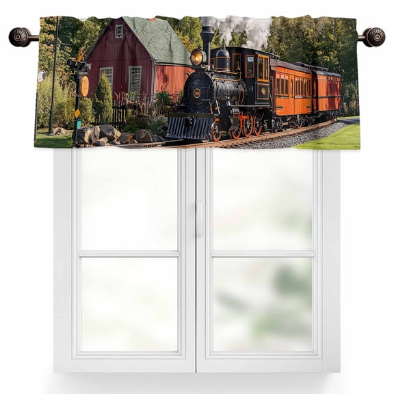 Retro Valances for Windows, 42 x 18in, Train Motor Vehicle Building Sky Grass Country Scenery Rod Pocket Kitchen Valance Curtain Light Filtering Window Treatments for Living Room Bedroom, 1 Panel