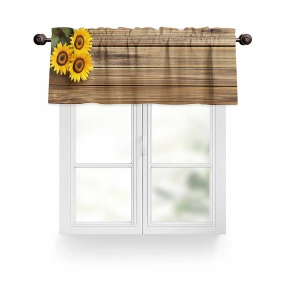 Retro Valances for Windows Sunflowers Rustic Wood Grain Texture Pastoral Style Valance Rod Pocket Short Window Treatments Curtains for Kitchen Bathroom Living Room Bedroom, 60 x 18 Inch