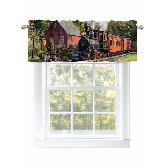Retro Valances for Windows Train Motor Vehicle Building Sky Grass Country Scenery Kitchen Valance Curtain Rod Pocket Small Curtains for Cafe Bathroom Laundry Basement 54" x 18"