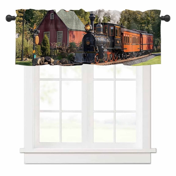 Retro Valances for Windows Train Motor Vehicle Building Sky Grass Country Scenery Rod Pocket Curtain Valance Window Treatment Short Curtains for Kitchen Living Room, 58"x16"