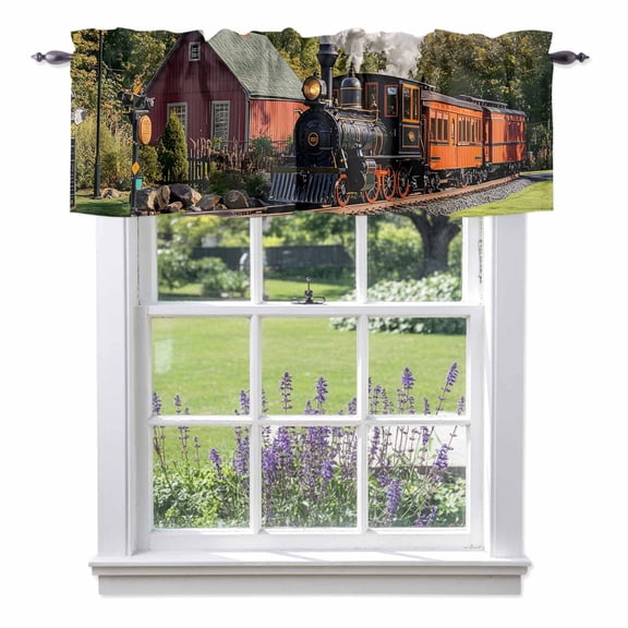 Retro Valances for Windows, Train Motor Vehicle Building Sky Grass Country Scenery Valance Window Treatment Rod Pocket Short Curtains Valances for Kitchen Bathroom 42"W x 12"L