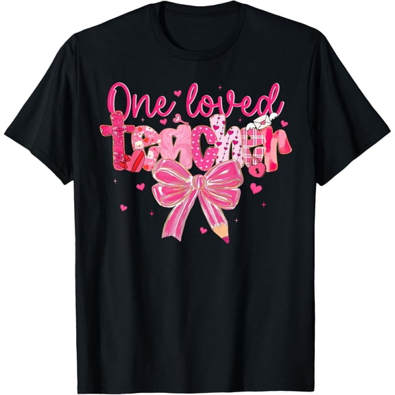 Retro Valentine Teacher One Loved Teacher Coquette Bow Adult T-shirt