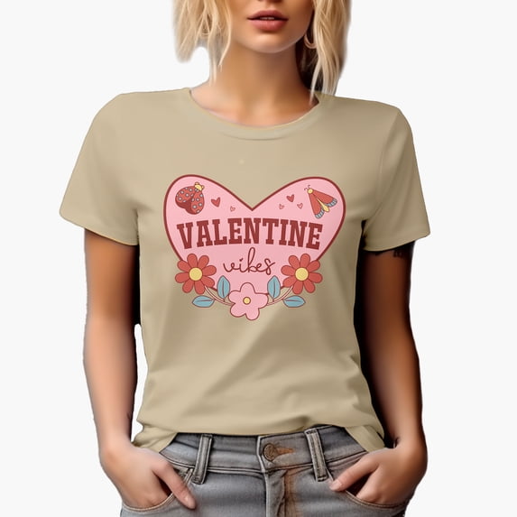 Retro Valentine Vibes with Flowers & Lady Bug, Valentine's Day Gift, Tan T-Shirt, Small