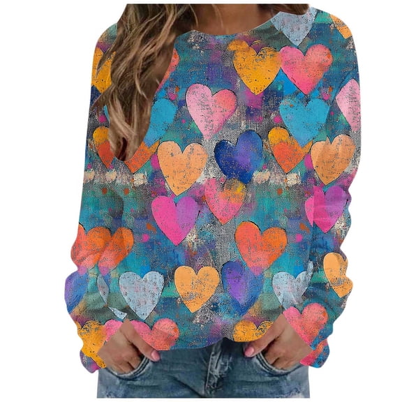Retro Valentines Day Sweatshirts Womens Long Sleeve Funny Graphic Heart Sweater Crew Neck Holiday Valentine Outfits, 2XL Blue