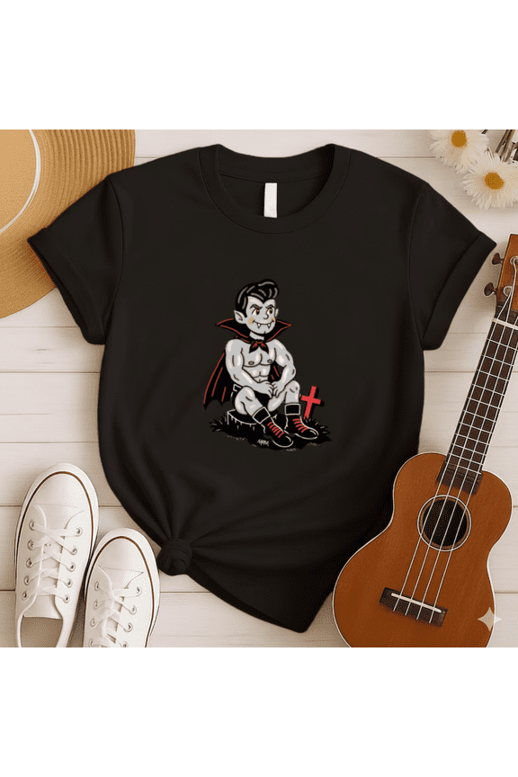 Retro Vampire Muscle Man Sitting on Stump Halloween T-Shirt, for men & women, S-5XL