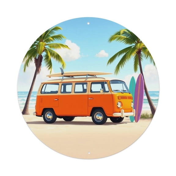 Retro Van Beach Surf7.9x7.9in Round Aluminum Plaque Wall Art, UV Printed Vintage Metal Sign with Pre-Drilled Holes for Home Bar Garage Cafe Decor