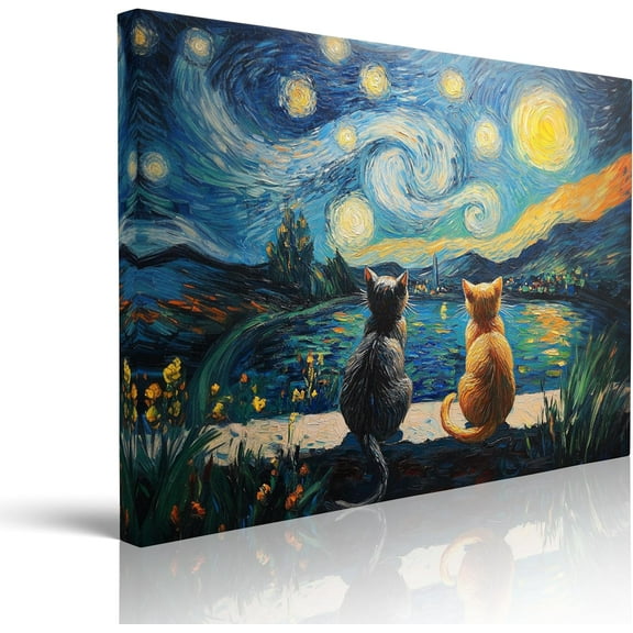 Retro Van Gogh Starry Night With Funny Cat Canvas Prints Wall Night Starry Pictures Paintings Poster Canvas Wall Decor for Living Room Bedroom Wall Decorations