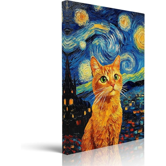 Retro Van Gogh Starry Night With Funny Cat Canvas Prints Wall Night Starry Pictures Paintings Poster Canvas Wall Decor for Living Room Bedroom Wall Decorations