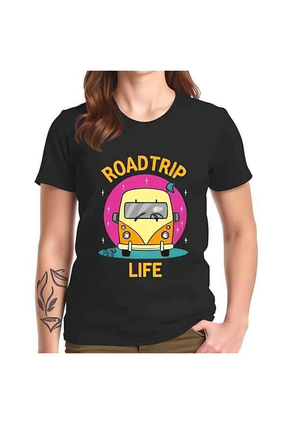 Retro Van Graphic Cotton Short Sleeve T-Shirt - " ROAD TRIP LIFE " Design in Yellow Orange & Pink - Perfect for Adventurous