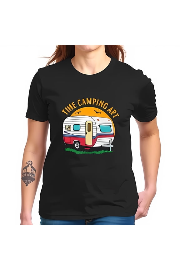 Retro Van Graphic Cotton Short Sleeve T-Shirt - " TIME CAMPING APT " Design Vibrant Colors Perfect for Travel Enthusiasts